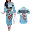 NRL Cronulla-Sutherland Christmas Personalised Couples Matching Off The Shoulder Long Sleeve Dress and Hawaiian Shirt with Sharkies Santa