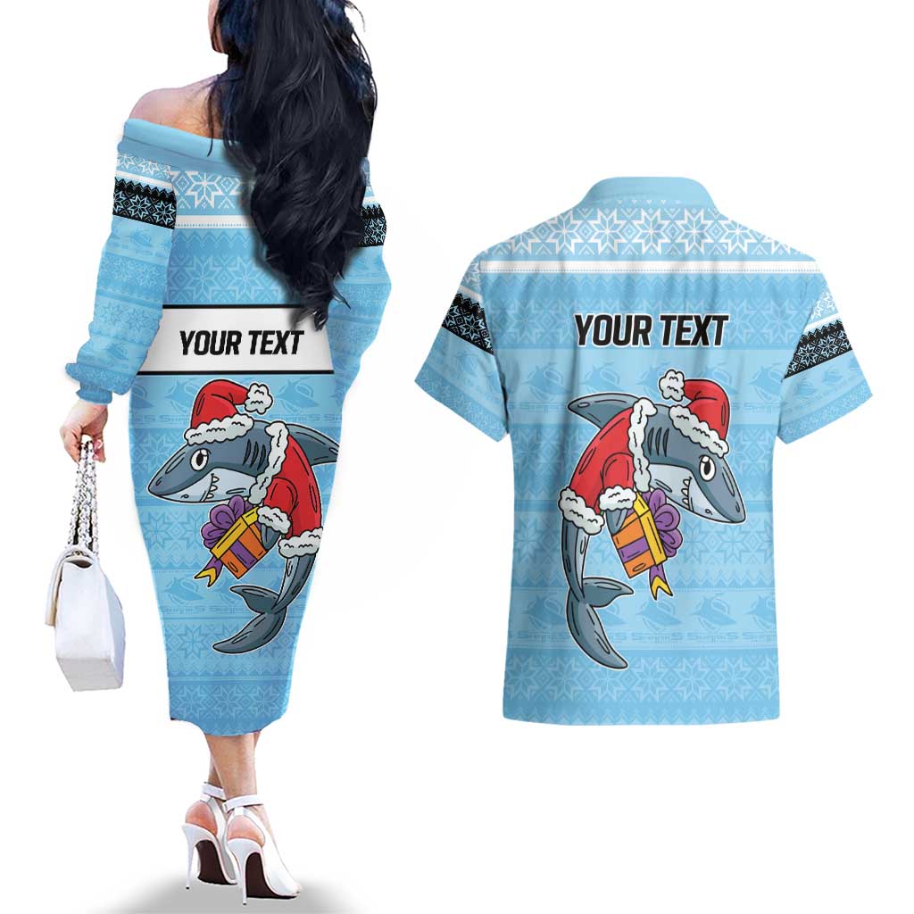NRL Cronulla-Sutherland Christmas Personalised Couples Matching Off The Shoulder Long Sleeve Dress and Hawaiian Shirt with Sharkies Santa