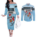 NRL Cronulla-Sutherland Christmas Personalised Couples Matching Off The Shoulder Long Sleeve Dress and Long Sleeve Button Shirt with Sharkies Santa