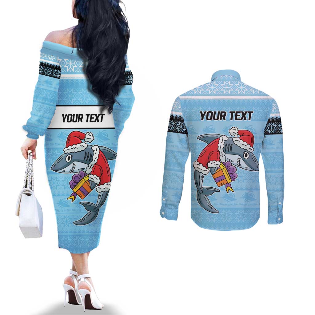 NRL Cronulla-Sutherland Christmas Personalised Couples Matching Off The Shoulder Long Sleeve Dress and Long Sleeve Button Shirt with Sharkies Santa