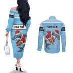 NRL Cronulla-Sutherland Christmas Personalised Couples Matching Off The Shoulder Long Sleeve Dress and Long Sleeve Button Shirt with Sharkies Santa