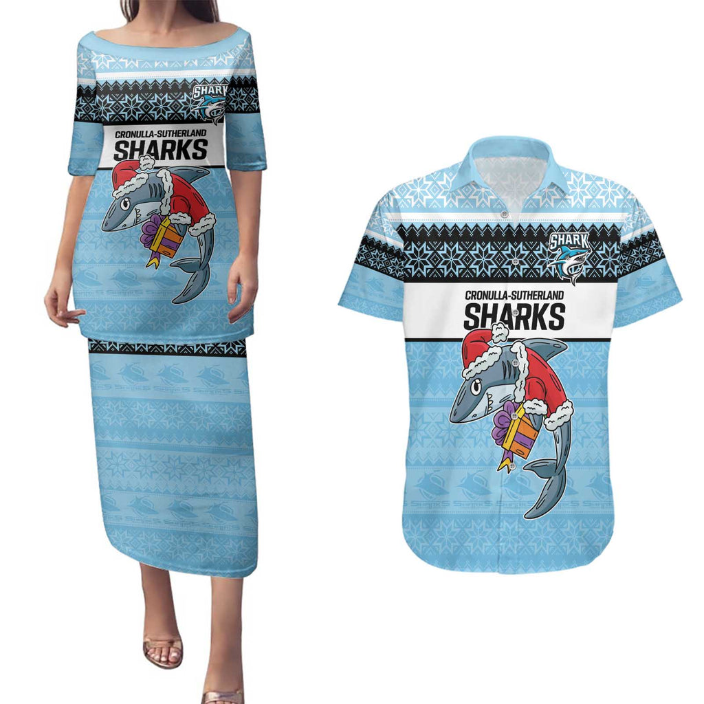 NRL Cronulla-Sutherland Christmas Personalised Couples Matching Puletasi and Hawaiian Shirt with Sharkies Santa