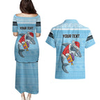 NRL Cronulla-Sutherland Christmas Personalised Couples Matching Puletasi and Hawaiian Shirt with Sharkies Santa