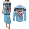 NRL Cronulla-Sutherland Christmas Personalised Couples Matching Puletasi and Long Sleeve Button Shirt with Sharkies Santa