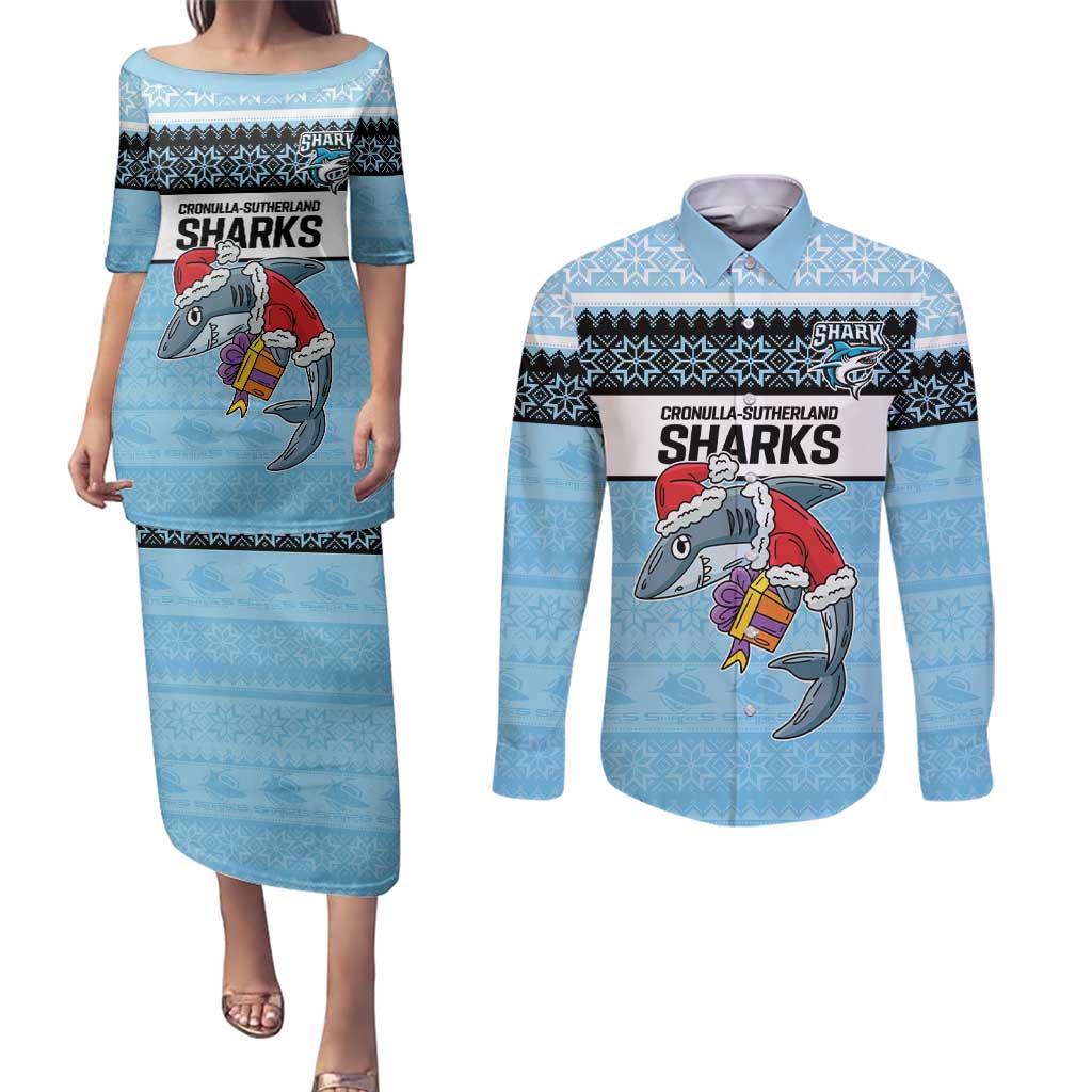 NRL Cronulla-Sutherland Christmas Personalised Couples Matching Puletasi and Long Sleeve Button Shirt with Sharkies Santa