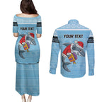 NRL Cronulla-Sutherland Christmas Personalised Couples Matching Puletasi and Long Sleeve Button Shirt with Sharkies Santa