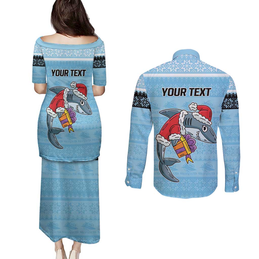 NRL Cronulla-Sutherland Christmas Personalised Couples Matching Puletasi and Long Sleeve Button Shirt with Sharkies Santa