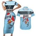 NRL Cronulla-Sutherland Christmas Personalised Couples Matching Short Sleeve Bodycon Dress and Hawaiian Shirt with Sharkies Santa