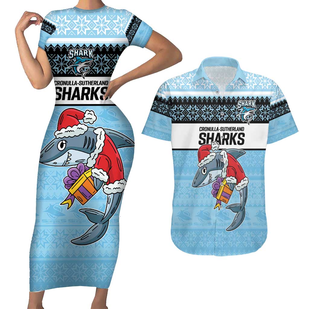 NRL Cronulla-Sutherland Christmas Personalised Couples Matching Short Sleeve Bodycon Dress and Hawaiian Shirt with Sharkies Santa
