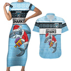 NRL Cronulla-Sutherland Christmas Personalised Couples Matching Short Sleeve Bodycon Dress and Hawaiian Shirt with Sharkies Santa