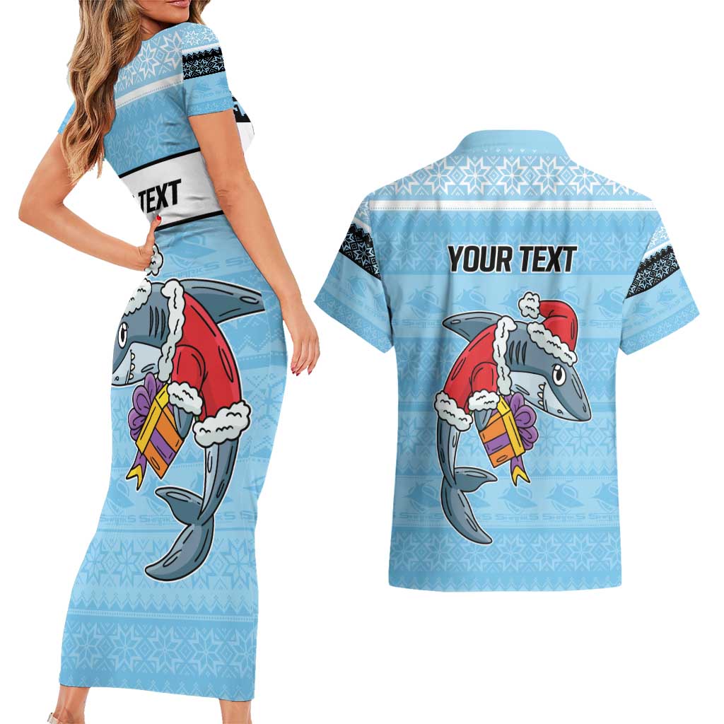 NRL Cronulla-Sutherland Christmas Personalised Couples Matching Short Sleeve Bodycon Dress and Hawaiian Shirt with Sharkies Santa