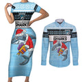 NRL Cronulla-Sutherland Christmas Personalised Couples Matching Short Sleeve Bodycon Dress and Long Sleeve Button Shirt with Sharkies Santa