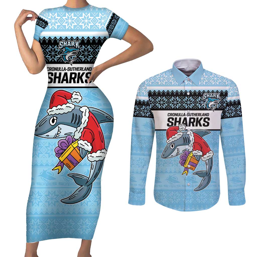 NRL Cronulla-Sutherland Christmas Personalised Couples Matching Short Sleeve Bodycon Dress and Long Sleeve Button Shirt with Sharkies Santa