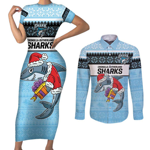 NRL Cronulla-Sutherland Christmas Personalised Couples Matching Short Sleeve Bodycon Dress and Long Sleeve Button Shirt with Sharkies Santa