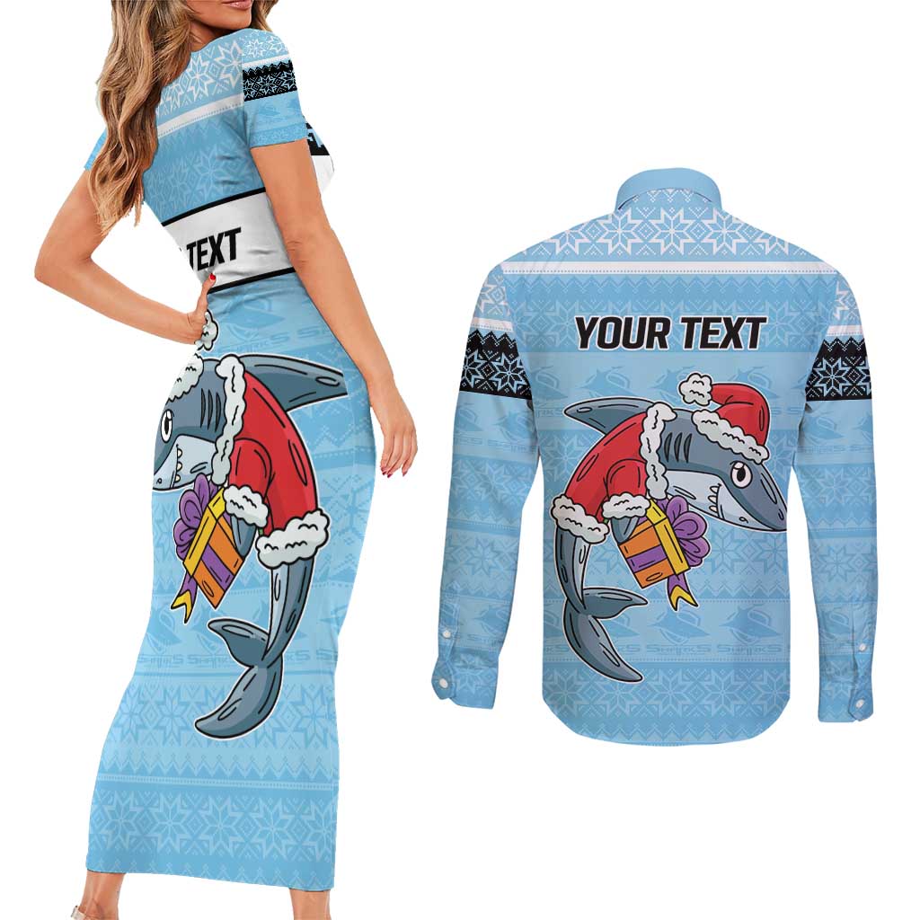 NRL Cronulla-Sutherland Christmas Personalised Couples Matching Short Sleeve Bodycon Dress and Long Sleeve Button Shirt with Sharkies Santa