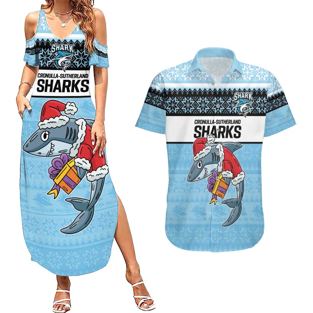NRL Cronulla-Sutherland Christmas Personalised Couples Matching Summer Maxi Dress and Hawaiian Shirt with Sharkies Santa