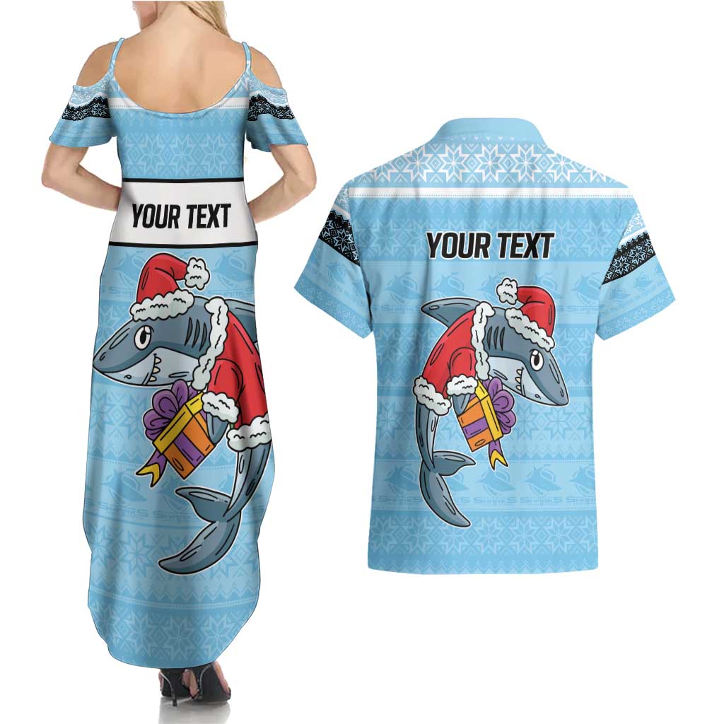 NRL Cronulla-Sutherland Christmas Personalised Couples Matching Summer Maxi Dress and Hawaiian Shirt with Sharkies Santa