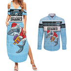 NRL Cronulla-Sutherland Christmas Personalised Couples Matching Summer Maxi Dress and Long Sleeve Button Shirt with Sharkies Santa