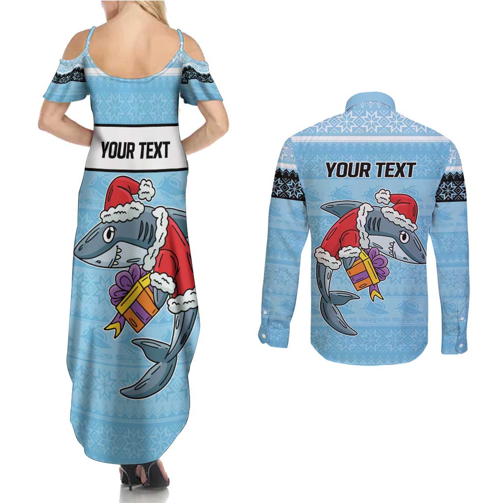 NRL Cronulla-Sutherland Christmas Personalised Couples Matching Summer Maxi Dress and Long Sleeve Button Shirt with Sharkies Santa