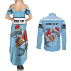 NRL Cronulla-Sutherland Christmas Personalised Couples Matching Summer Maxi Dress and Long Sleeve Button Shirt with Sharkies Santa