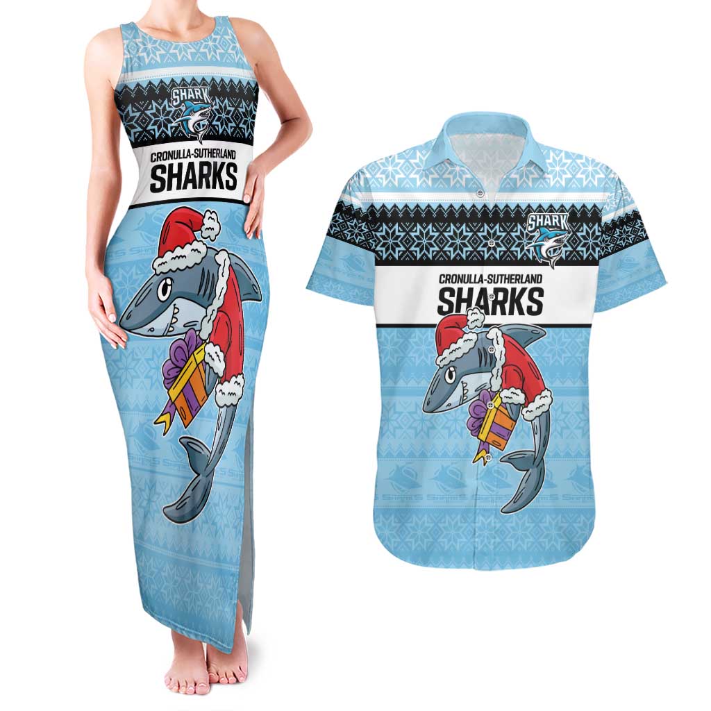 NRL Cronulla-Sutherland Christmas Personalised Couples Matching Tank Maxi Dress and Hawaiian Shirt with Sharkies Santa