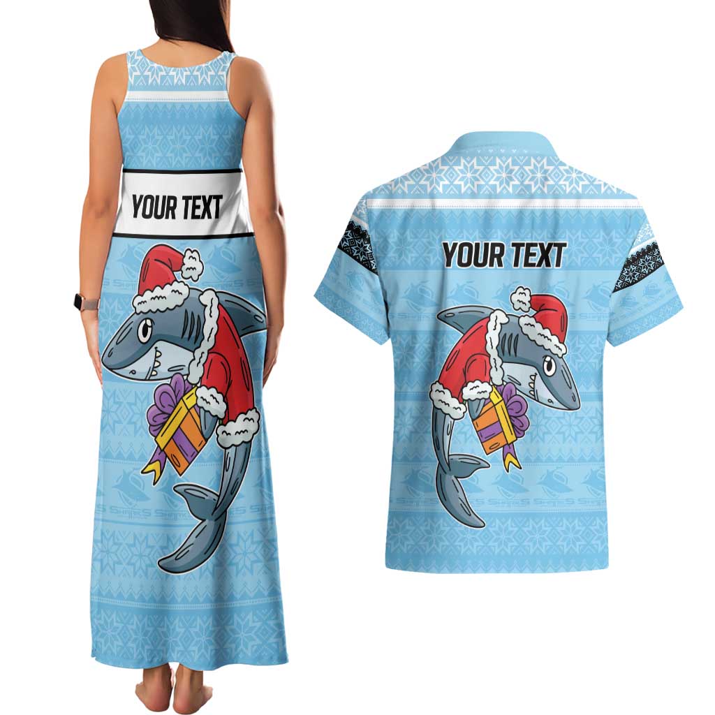 NRL Cronulla-Sutherland Christmas Personalised Couples Matching Tank Maxi Dress and Hawaiian Shirt with Sharkies Santa