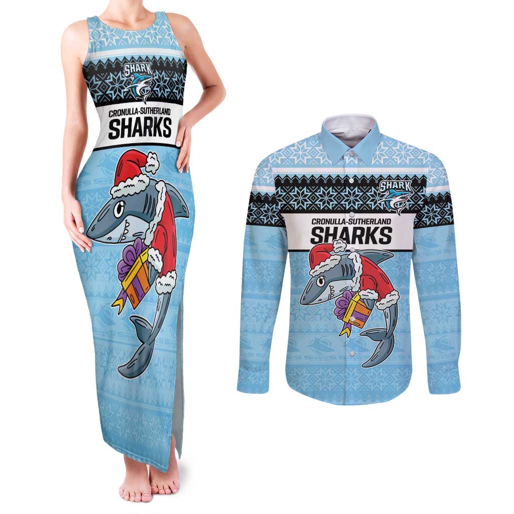 NRL Cronulla-Sutherland Christmas Personalised Couples Matching Tank Maxi Dress and Long Sleeve Button Shirt with Sharkies Santa