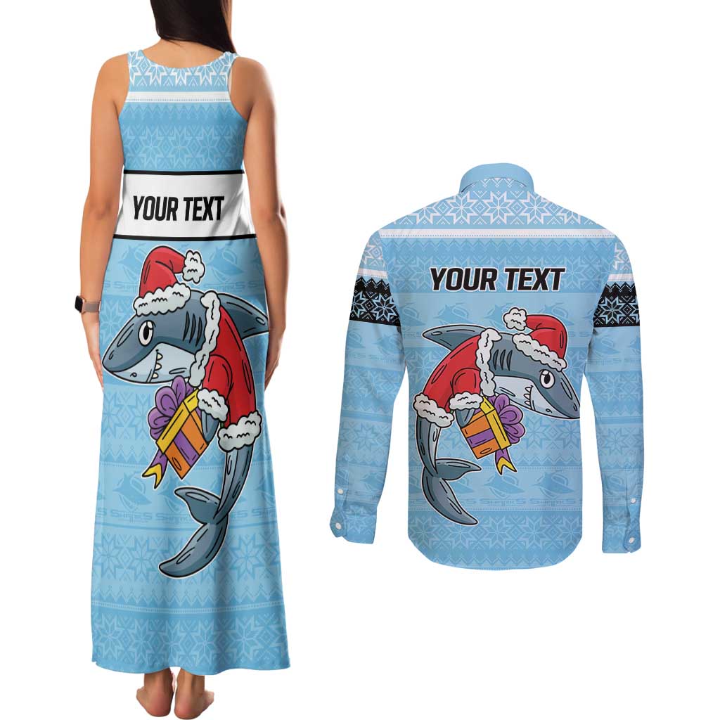NRL Cronulla-Sutherland Christmas Personalised Couples Matching Tank Maxi Dress and Long Sleeve Button Shirt with Sharkies Santa