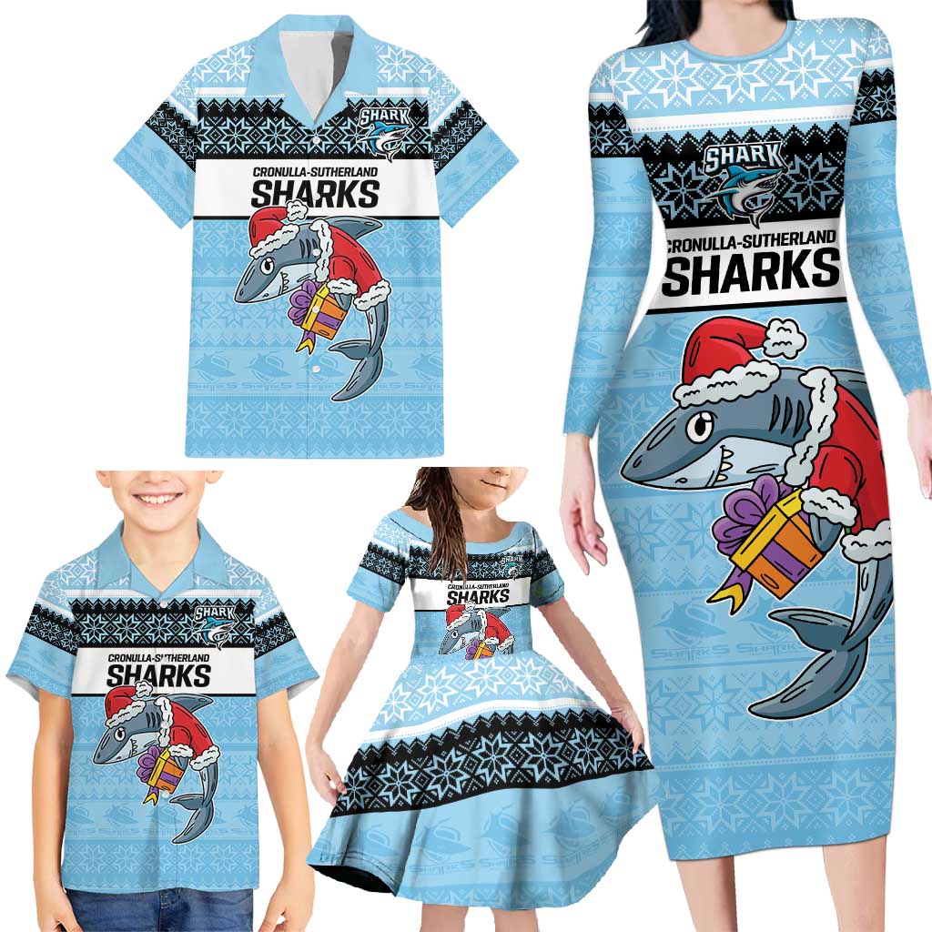 NRL Cronulla-Sutherland Christmas Personalised Family Matching Long Sleeve Bodycon Dress and Hawaiian Shirt with Sharkies Santa