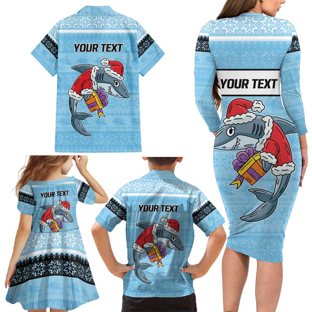 NRL Cronulla-Sutherland Christmas Personalised Family Matching Long Sleeve Bodycon Dress and Hawaiian Shirt with Sharkies Santa