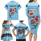 NRL Cronulla-Sutherland Christmas Personalised Family Matching Long Sleeve Bodycon Dress and Hawaiian Shirt with Sharkies Santa
