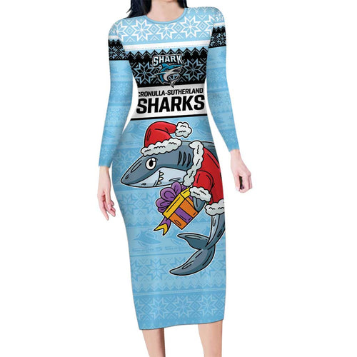 NRL Cronulla-Sutherland Christmas Personalised Family Matching Long Sleeve Bodycon Dress and Hawaiian Shirt with Sharkies Santa
