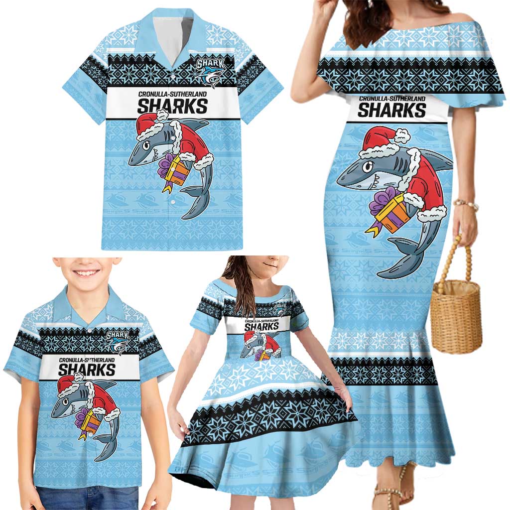 NRL Cronulla-Sutherland Christmas Personalised Family Matching Mermaid Dress and Hawaiian Shirt with Sharkies Santa