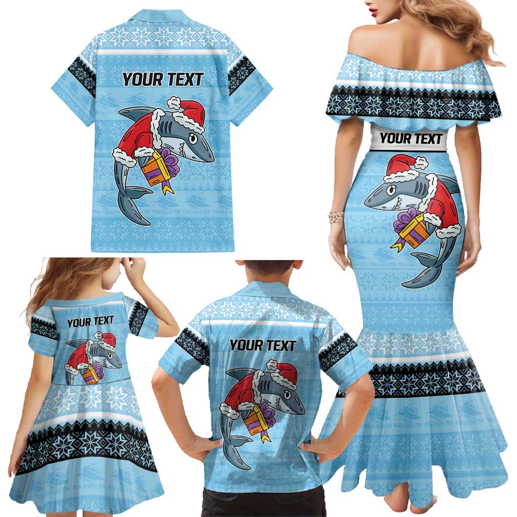 NRL Cronulla-Sutherland Christmas Personalised Family Matching Mermaid Dress and Hawaiian Shirt with Sharkies Santa