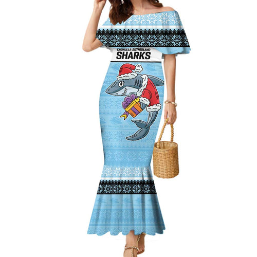 NRL Cronulla-Sutherland Christmas Personalised Family Matching Mermaid Dress and Hawaiian Shirt with Sharkies Santa
