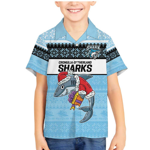 NRL Cronulla-Sutherland Christmas Personalised Family Matching Mermaid Dress and Hawaiian Shirt with Sharkies Santa