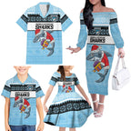 NRL Cronulla-Sutherland Christmas Personalised Family Matching Off The Shoulder Long Sleeve Dress and Hawaiian Shirt with Sharkies Santa