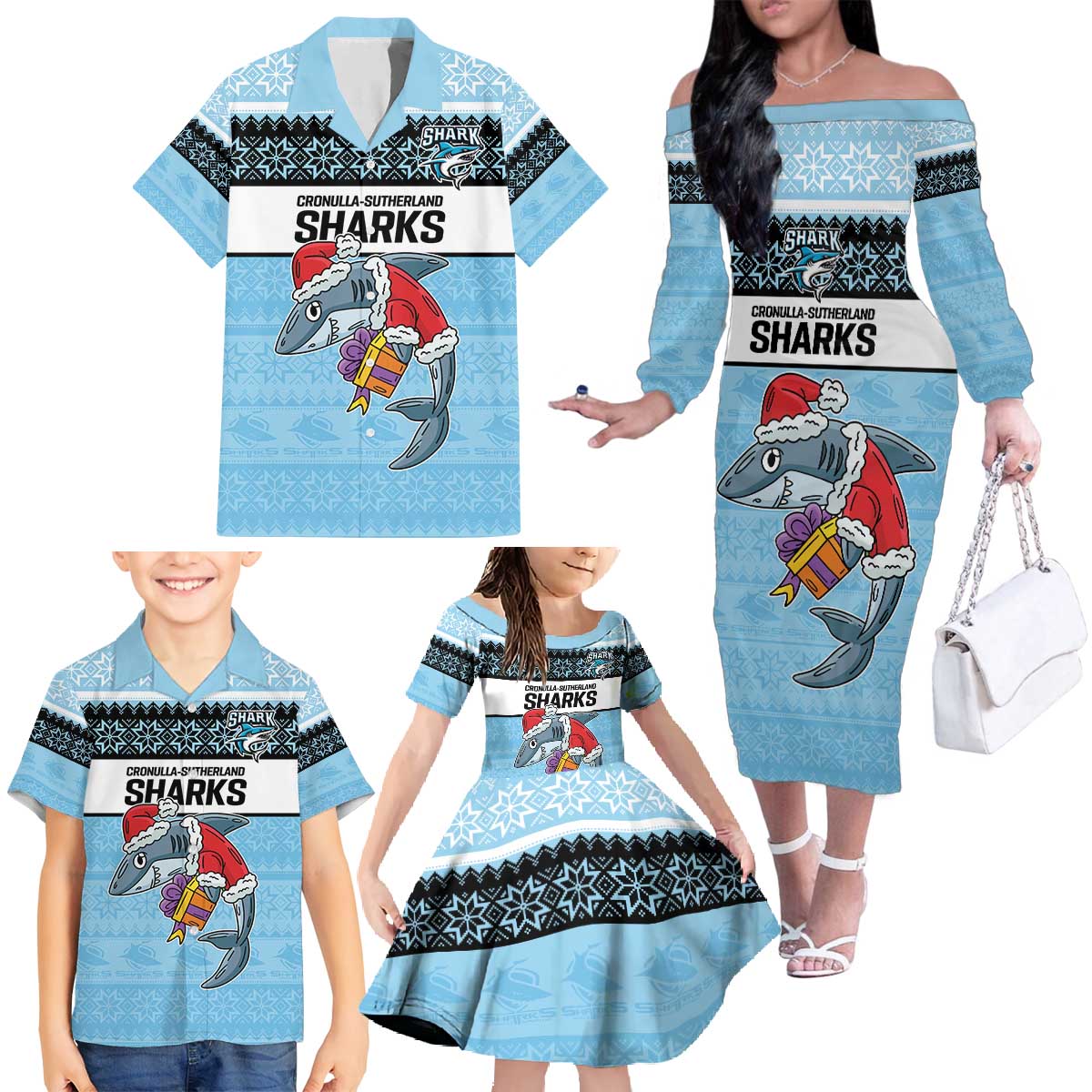 NRL Cronulla-Sutherland Christmas Personalised Family Matching Off The Shoulder Long Sleeve Dress and Hawaiian Shirt with Sharkies Santa
