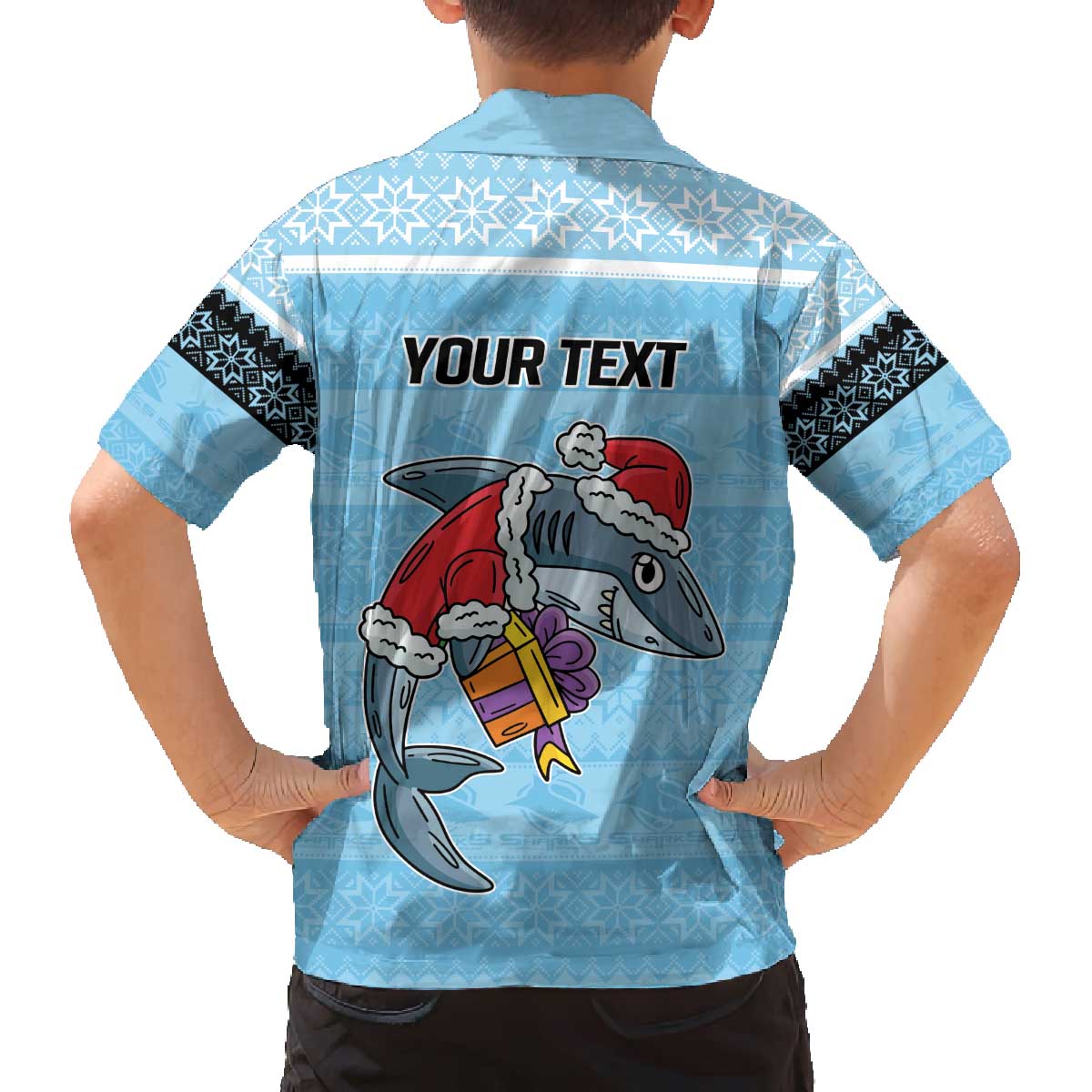 NRL Cronulla-Sutherland Christmas Personalised Family Matching Off The Shoulder Long Sleeve Dress and Hawaiian Shirt with Sharkies Santa