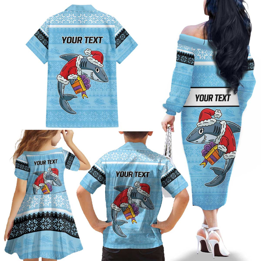NRL Cronulla-Sutherland Christmas Personalised Family Matching Off The Shoulder Long Sleeve Dress and Hawaiian Shirt with Sharkies Santa