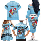 NRL Cronulla-Sutherland Christmas Personalised Family Matching Off The Shoulder Long Sleeve Dress and Hawaiian Shirt with Sharkies Santa