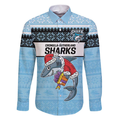 NRL Cronulla-Sutherland Christmas Personalised Family Matching Off The Shoulder Long Sleeve Dress and Hawaiian Shirt with Sharkies Santa