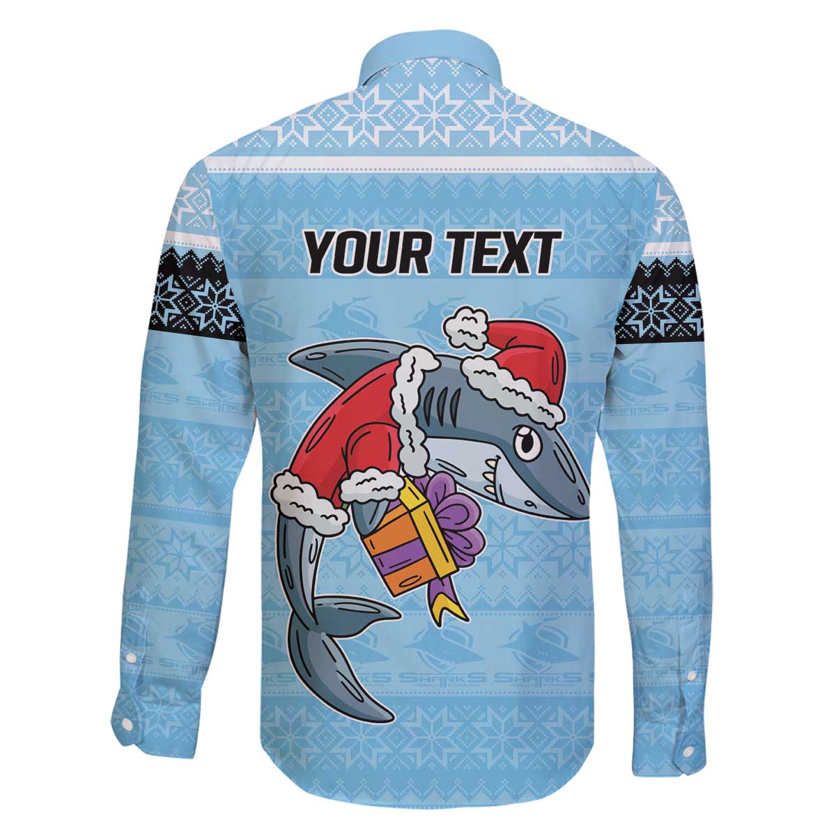 NRL Cronulla-Sutherland Christmas Personalised Family Matching Off The Shoulder Long Sleeve Dress and Hawaiian Shirt with Sharkies Santa