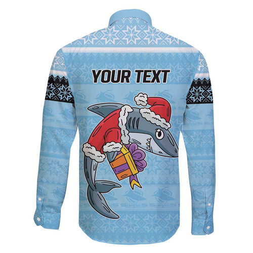 NRL Cronulla-Sutherland Christmas Personalised Family Matching Off The Shoulder Long Sleeve Dress and Hawaiian Shirt with Sharkies Santa