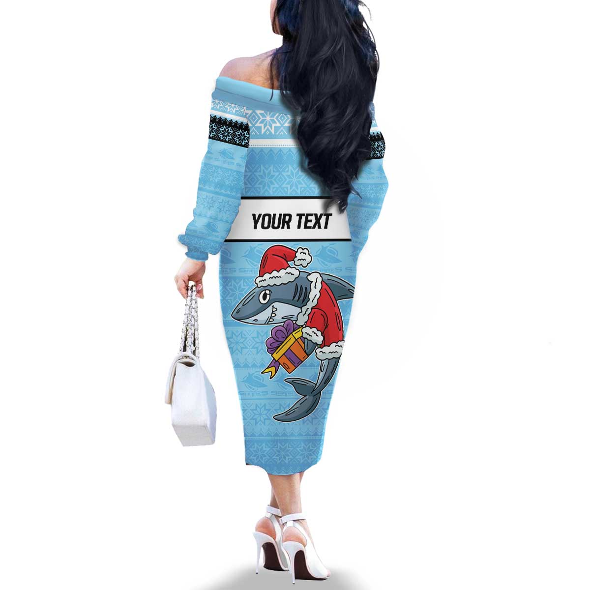 NRL Cronulla-Sutherland Christmas Personalised Family Matching Off The Shoulder Long Sleeve Dress and Hawaiian Shirt with Sharkies Santa