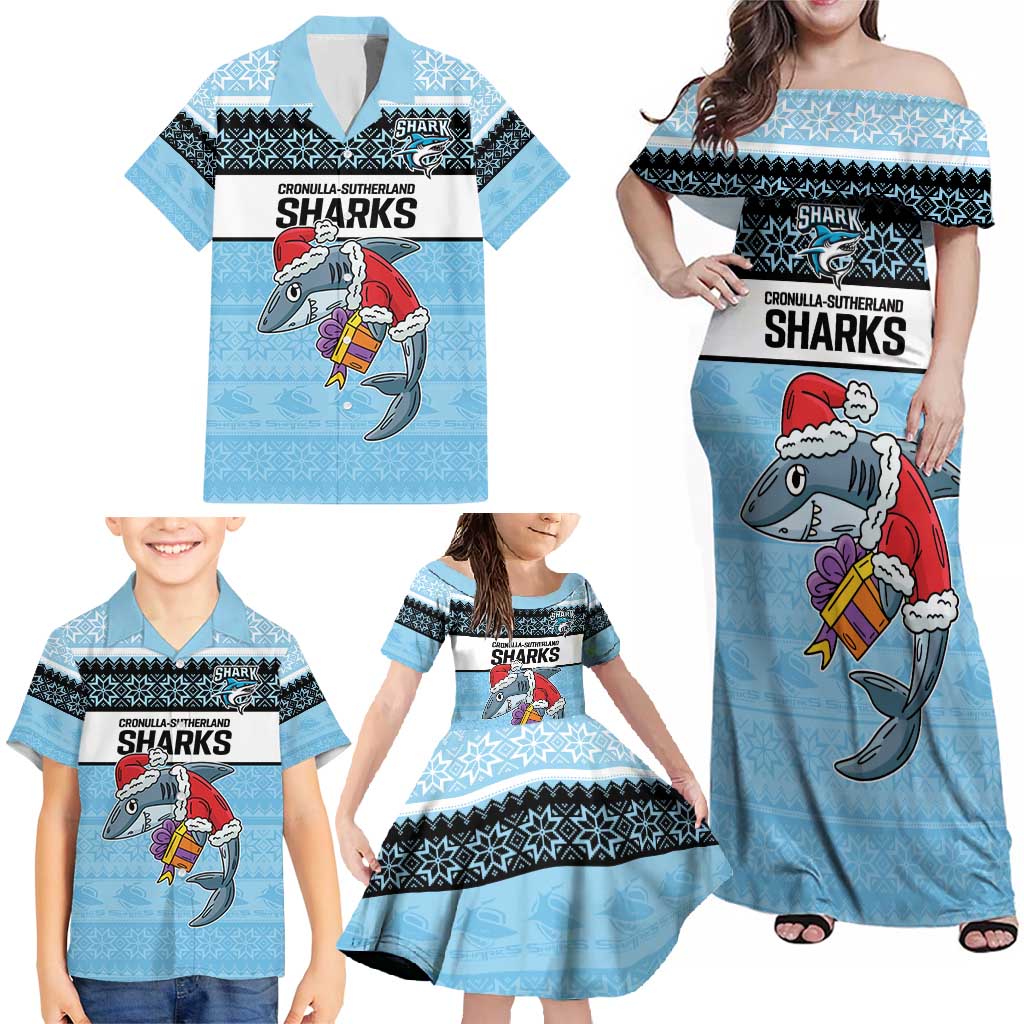 NRL Cronulla-Sutherland Christmas Personalised Family Matching Off Shoulder Maxi Dress and Hawaiian Shirt with Sharkies Santa