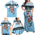 NRL Cronulla-Sutherland Christmas Personalised Family Matching Off Shoulder Maxi Dress and Hawaiian Shirt with Sharkies Santa