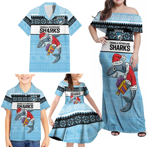 NRL Cronulla-Sutherland Christmas Personalised Family Matching Off Shoulder Maxi Dress and Hawaiian Shirt with Sharkies Santa