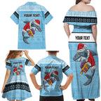 NRL Cronulla-Sutherland Christmas Personalised Family Matching Off Shoulder Maxi Dress and Hawaiian Shirt with Sharkies Santa