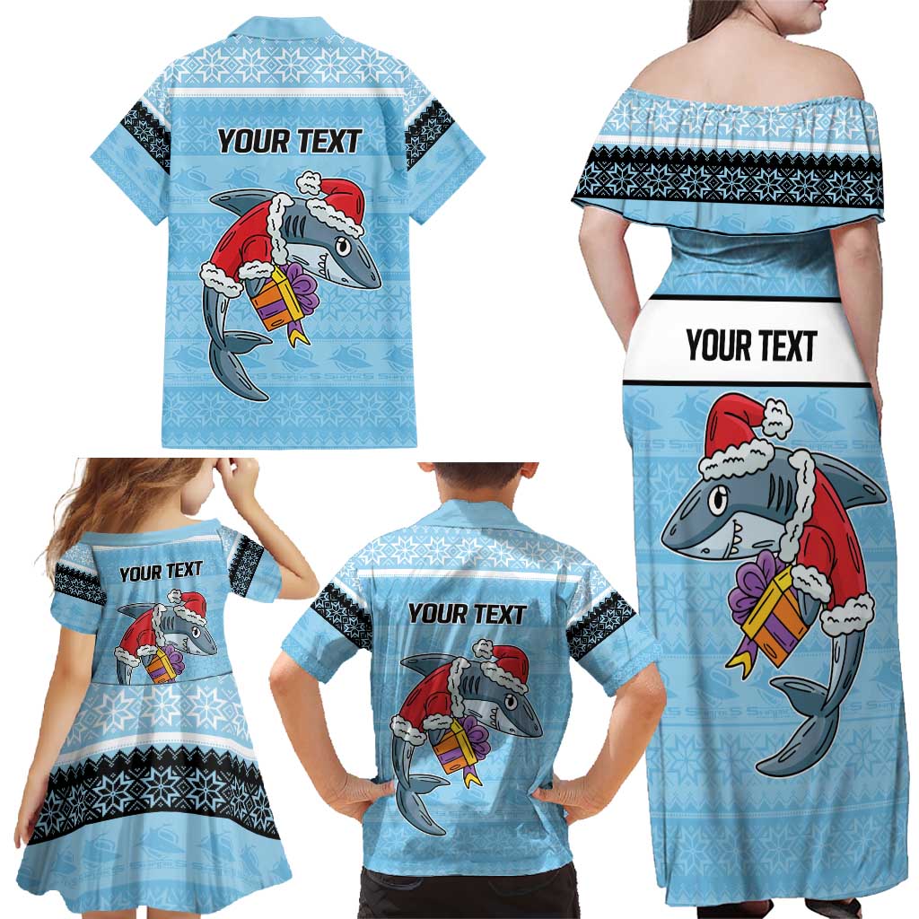 NRL Cronulla-Sutherland Christmas Personalised Family Matching Off Shoulder Maxi Dress and Hawaiian Shirt with Sharkies Santa